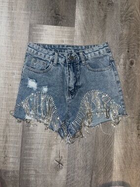 Windsor Distressed Light Wash Denim Shorts with Rhinestone Fringe